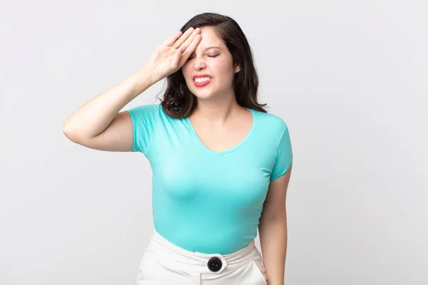 Pretty Woman Looking Stressed Tired Frustrated Drying Sweat Forehead Feeling — Stock Photo, Image
