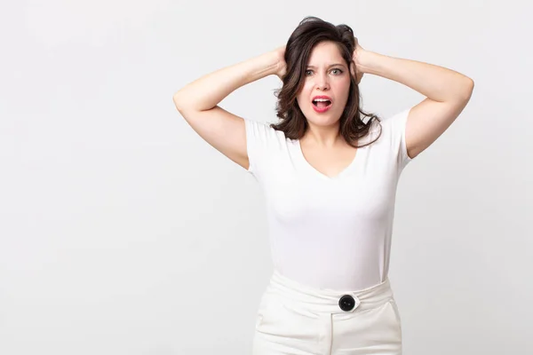 Pretty Woman Feeling Stressed Worried Anxious Scared Hands Head Panicking — Stock Photo, Image