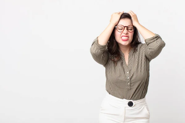 Pretty Woman Feeling Stressed Anxious Depressed Frustrated Headache Raising Both — Stock Photo, Image