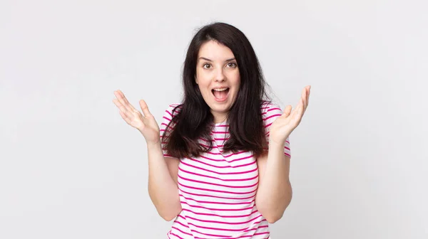 Pretty Woman Looking Happy Excited Shocked Unexpected Surprise Both Hands — Stock Photo, Image