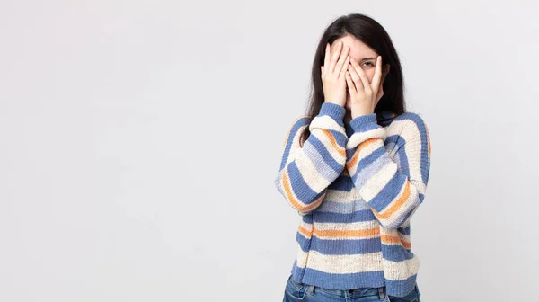 Pretty Woman Covering Face Hands Peeking Fingers Surprised Expression Looking — Stock Photo, Image