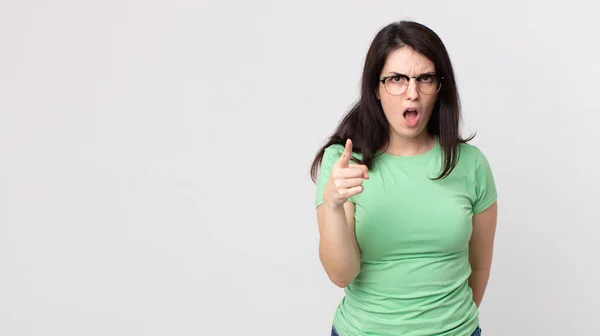 Pretty Woman Pointing Camera Angry Aggressive Expression Looking Furious Crazy — Stock Photo, Image