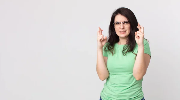 Pretty Woman Crossing Fingers Anxiously Hoping Good Luck Worried Look — Stock Photo, Image