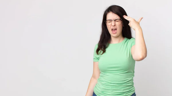 Pretty Woman Looking Unhappy Stressed Suicide Gesture Making Gun Sign — Stock Photo, Image