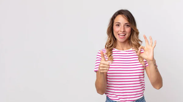 Pretty Thin Woman Feeling Happy Amazed Satisfied Surprised Showing Okay — Stock Photo, Image