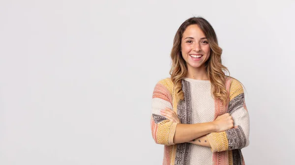 Pretty Thin Woman Looking Happy Proud Satisfied Achiever Smiling Arms — Stock Photo, Image