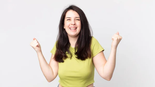Pretty Woman Looking Extremely Happy Surprised Celebrating Success Shouting Jumping — Stock Photo, Image