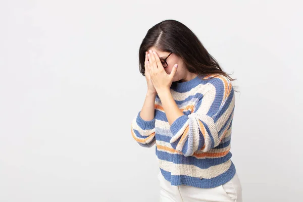 Pretty Woman Covering Eyes Hands Sad Frustrated Look Despair Crying — Stock Photo, Image