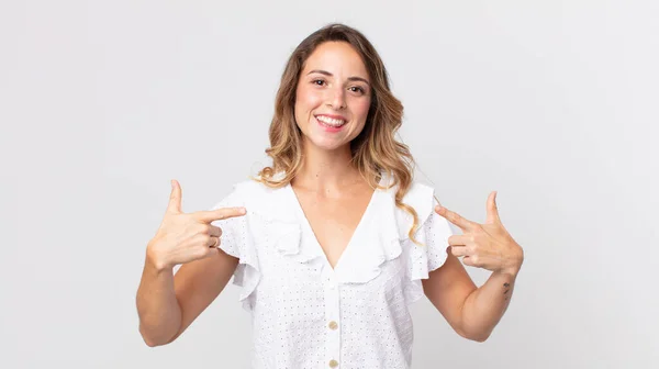 Pretty Thin Woman Looking Proud Arrogant Happy Surprised Satisfied Pointing — Stock Photo, Image