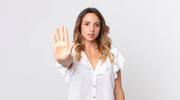 Pretty Thin Woman Looking Serious Stern Displeased Angry Showing Open — Stock Photo, Image