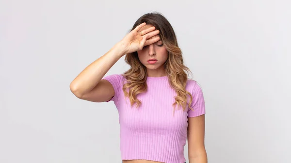 Pretty Thin Woman Looking Stressed Tired Frustrated Drying Sweat Forehead — Stock Photo, Image