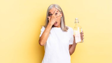 Şok olmuş, korkmuş ya da dehşete düşmüş gibi, yüzünüzü ellerinizle kapayın ve parmaklarınızın arasına bakın ve su şişesini tutun.