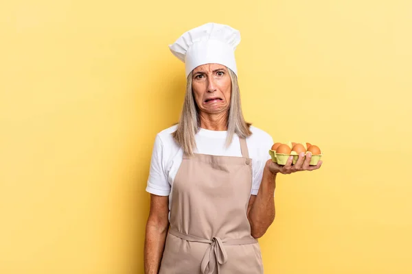 Middle Age Chef Woman Feeling Puzzled Confused Dumb Stunned Expression — Fotografia de Stock