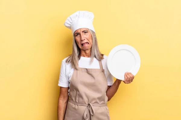 Middle Age Chef Woman Feeling Puzzled Confused Dumb Stunned Expression — Fotografia de Stock