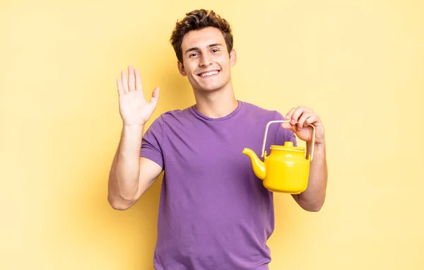 Smiling Happily Cheerfully Waving Hand Welcoming Greeting You Saying Goodbye — Stock Photo, Image