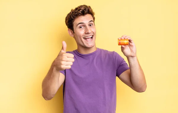 Feeling Proud Carefree Confident Happy Smiling Positively Thumbs Battery Concept — Stock Photo, Image