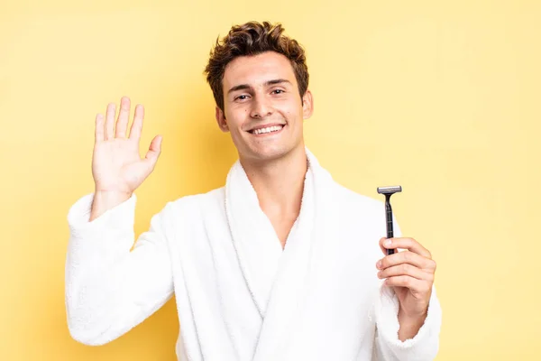 Sorrindo Feliz Alegremente Acenando Mão Acolhendo Cumprimentando Você Dizendo Adeus — Fotografia de Stock