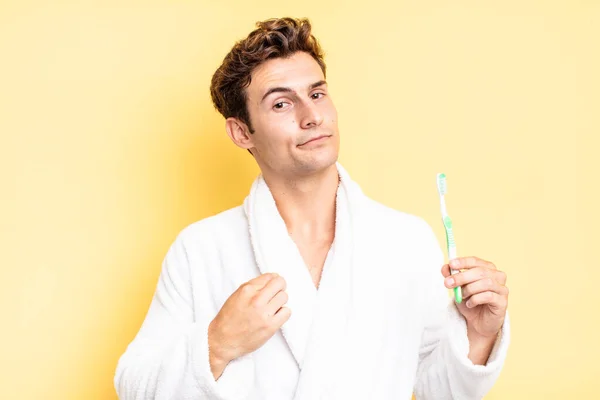 Looking Arrogant Successful Positive Proud Pointing Self Tooth Brush Concept — Stock Photo, Image