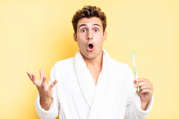 Open Mouthed Amazed Shocked Astonished Unbelievable Surprise Tooth Brush Concept — Stock Photo, Image