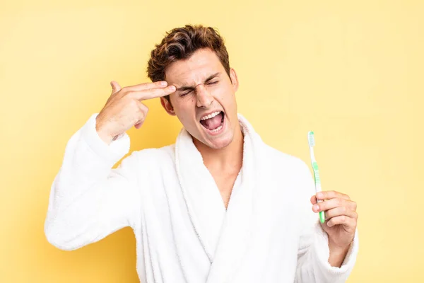 Looking Unhappy Stressed Suicide Gesture Making Gun Sign Hand Pointing — Stock Photo, Image