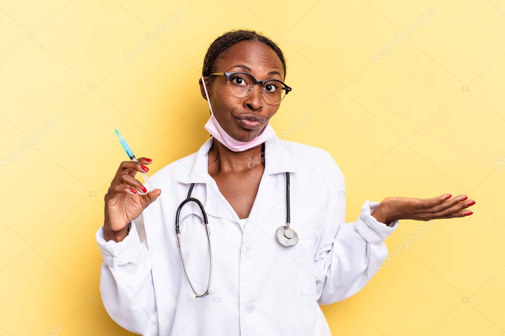 feeling puzzled and confused, doubting, weighting or choosing different options with funny expression. physician and syringe concept