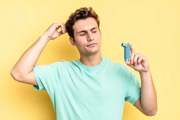 Smiling Happily Daydreaming Doubting Looking Side Asthma Concept — Stock Photo, Image