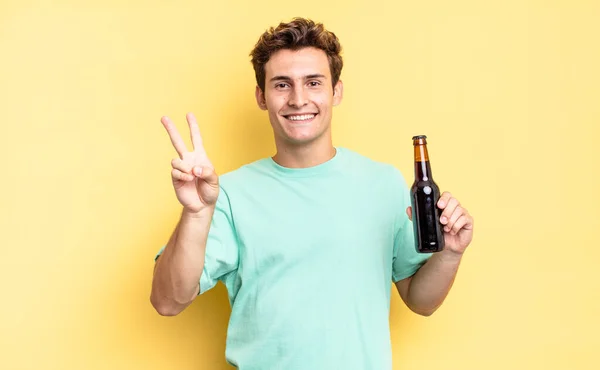 Smiling Looking Happy Carefree Positive Gesturing Victory Peace One Hand — Stock Photo, Image