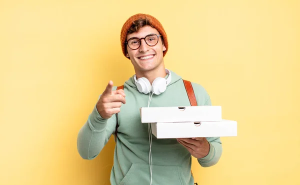 Pointing Camera Satisfied Confident Friendly Smile Choosing You Pizza Concept — Stock Photo, Image
