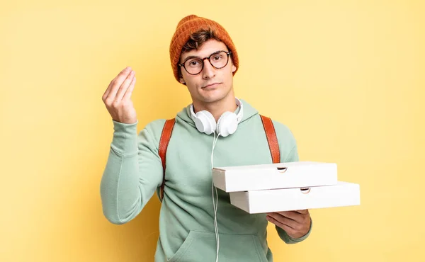 Making Capice Money Gesture Telling You Pay Your Debts Pizza — Stock Photo, Image