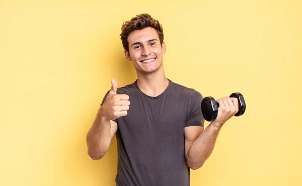 Feeling Proud Carefree Confident Happy Smiling Positively Thumbs Dumbbell Concept — Stock Photo, Image