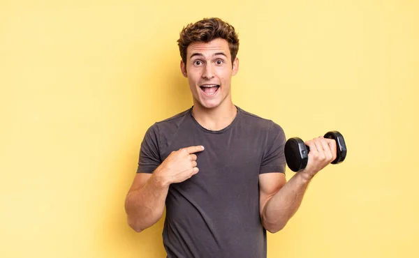 Feeling Happy Surprised Proud Pointing Self Excited Amazed Look Dumbbell — Stock Photo, Image