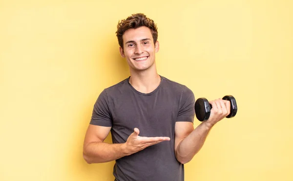 Smiling Cheerfully Feeling Happy Showing Concept Copy Space Palm Hand — Stock Photo, Image