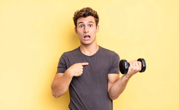 Looking Shocked Surprised Mouth Wide Open Pointing Self Dumbbell Concept — Stock Photo, Image