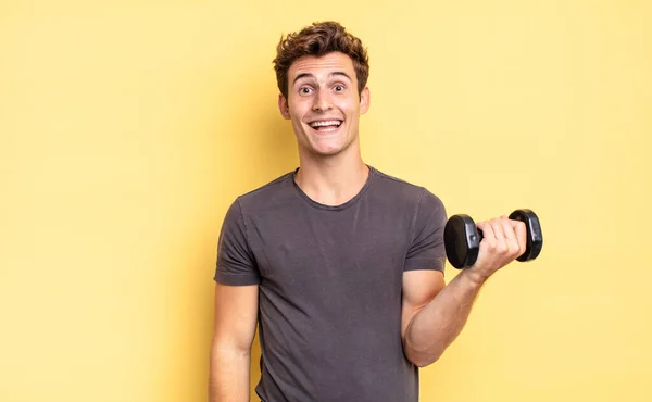 Looking Happy Pleasantly Surprised Excited Fascinated Shocked Expression Dumbbell Concept — Stock Photo, Image