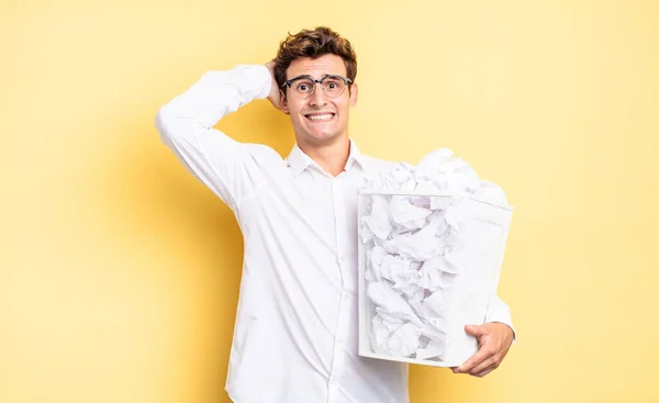 Feeling Stressed Worried Anxious Scared Hands Head Panicking Mistake Trash — Stock Photo, Image