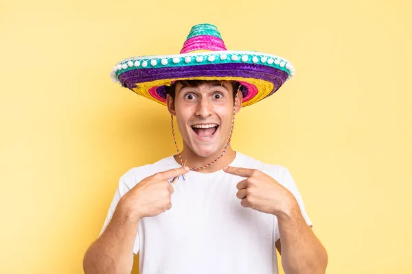 Feeling Happy Surprised Proud Pointing Self Excited Amazed Look Mexican — Stock Photo, Image