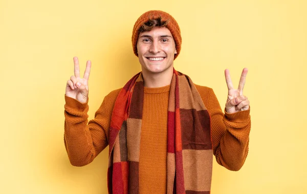 Young Teenager Boy Smiling Looking Happy Friendly Satisfied Gesturing Victory — Stock Photo, Image