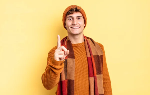 Young Teenager Boy Smiling Proudly Confidently Making Number One Pose — Stock Photo, Image