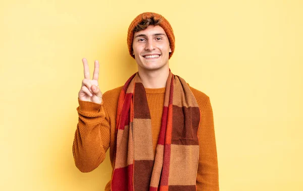 Young Teenager Boy Smiling Looking Friendly Showing Number Two Second — Stock Photo, Image