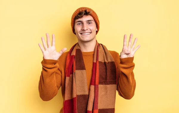 Young Teenager Boy Smiling Looking Friendly Showing Number Nine Ninth — Stock Photo, Image