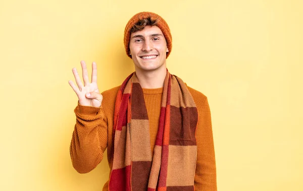 Young Teenager Boy Smiling Looking Friendly Showing Number Four Fourth — Stock Photo, Image