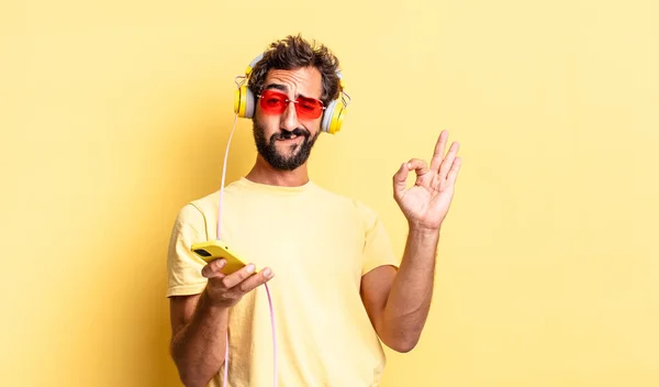 Expressive Crazy Man Feeling Happy Showing Approval Okay Gesture Headphones — Stock Photo, Image