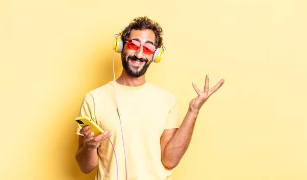 Expressive Crazy Man Feeling Happy Surprised Realizing Solution Idea Headphones — Stock Photo, Image