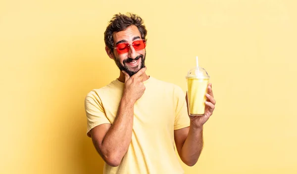 Expressive Crazy Man Smiling Happy Confident Expression Hand Chin — Stock Photo, Image