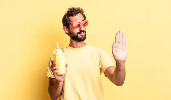 Expressive Crazy Man Looking Serious Showing Open Palm Making Stop — Stock Photo, Image