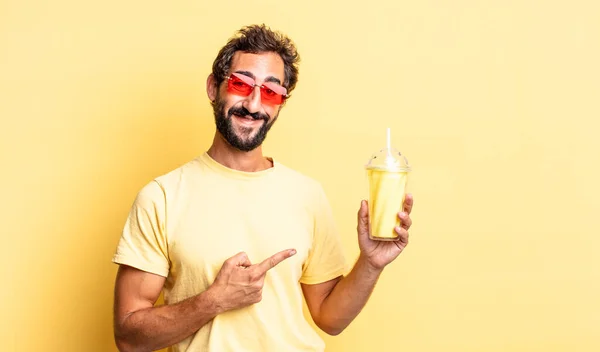 Expressive Crazy Man Smiling Cheerfully Feeling Happy Pointing Side — Stock Photo, Image