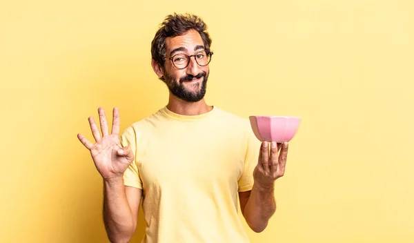Expressive Crazy Man Smiling Looking Friendly Showing Number Four Holding — Stock Photo, Image