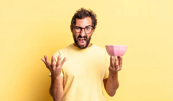 Expressive Crazy Man Looking Angry Annoyed Frustrated Holding Pot — Stock Photo, Image
