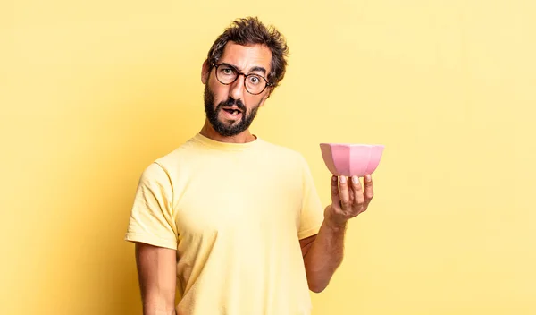 Expressive Crazy Man Feeling Puzzled Confused Holding Pot — Stock Photo, Image