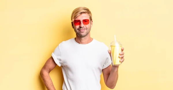 Blond Adult Man Smiling Happily Hand Hip Confident Milkshake — Stock Photo, Image